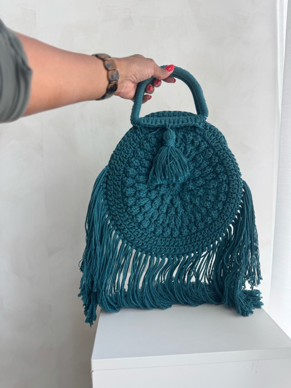 Handmade Teal Crochet Fringe Circle Bag